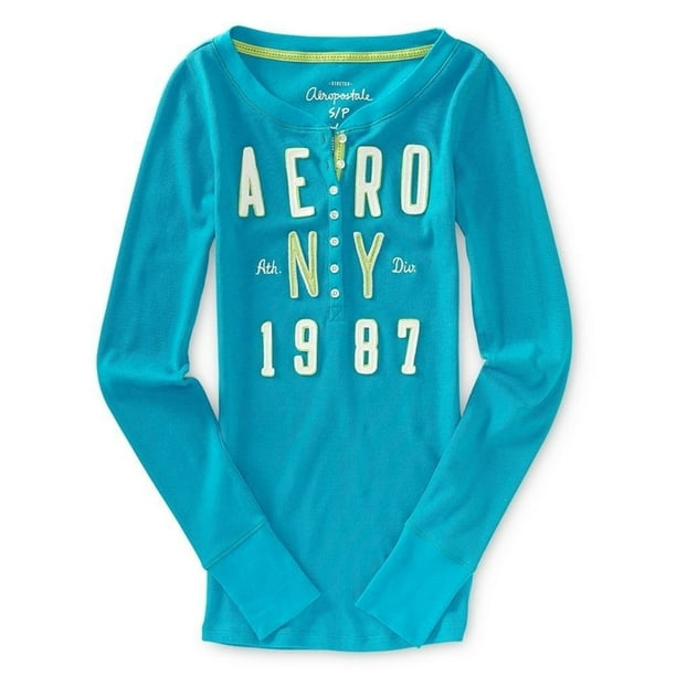 Aeropostale Mujeres Ny Thermal Henley Shirt, Verde, Small Aeropostale henley