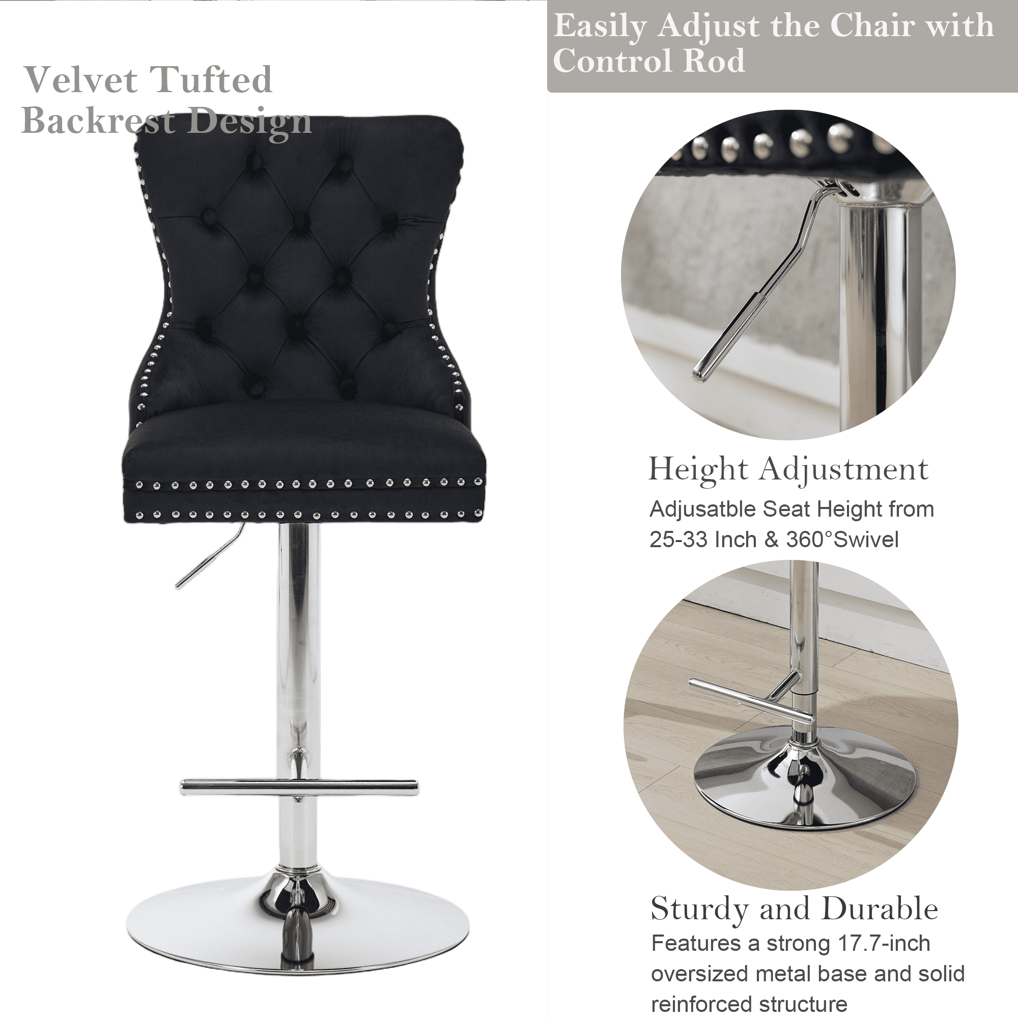 2-Piece Velvet Swivel Bar Stools, Adjustable Counter Height Dining Bar Chairs with Tufted Backrest and Nailhead Trim for Kitchen Island （Black with Silver Leg）