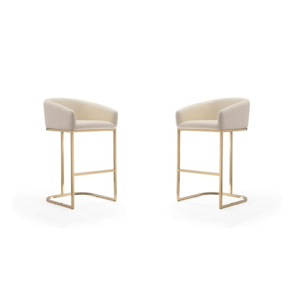 Maklaine Faux Leather Bar Stool Chair Set of 2 in Cream - Semi-circle Seat