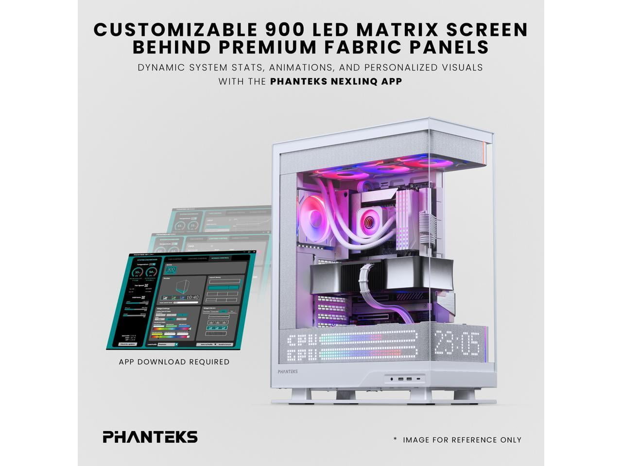 Phanteks Evolv X2 Matrix Mid Tower ATX Gaming Chassis with 900 LED Matrix Display, Fabric Interior Panel, Vertical Cooling System, Tempered Glass, Integrated D-RGB Lighting, Grey White