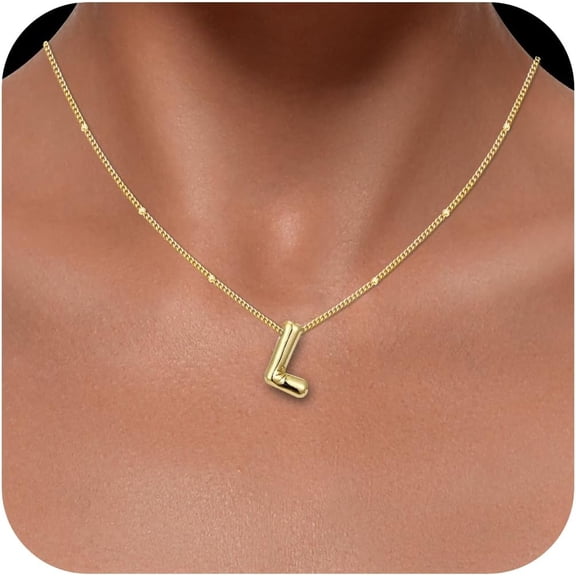 Bubble Letter Necklace Gold, 14K Gold Plated Initial Necklace Puffy Personalized Name Gold Necklace Gold Letter Necklace Jewelry[Z4097]
