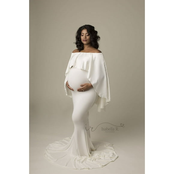 Women Cape Maternity Dress Baby Shower Slim Fit Gown Long Maxi Photography Dress for Photo Shoot(XL,White)