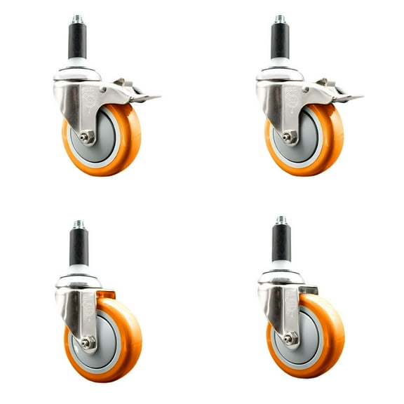 4 Inch 316SS Orange Poly Swivel 1 Inch Expanding Stem Caster Set 2 Lock Brake