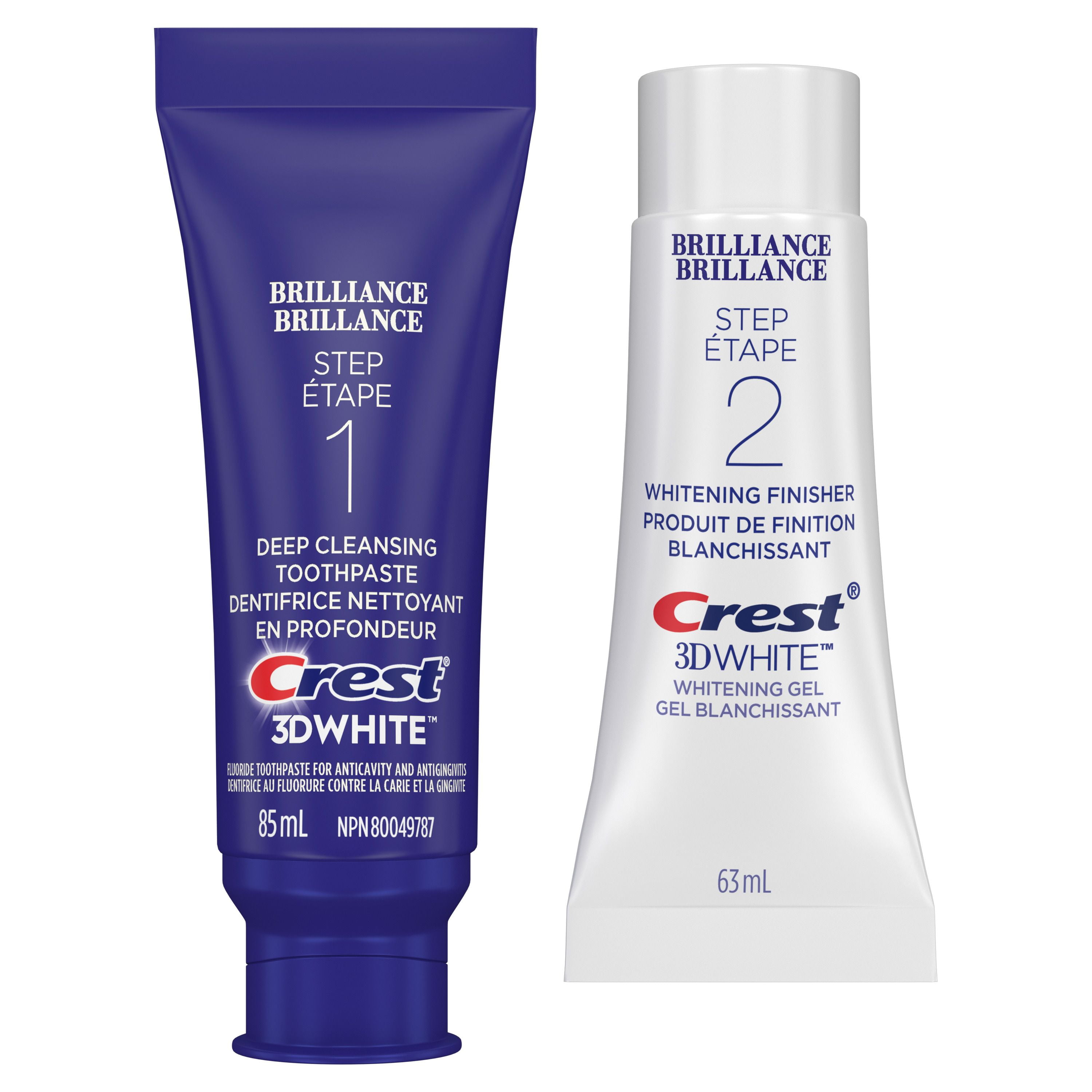 Dentifrice en deux étapes Crest 3D White Brillance + gel blanchissant 1 tube de 85 m (Dentifrice) et 1 tube de 63 ml (Gel)