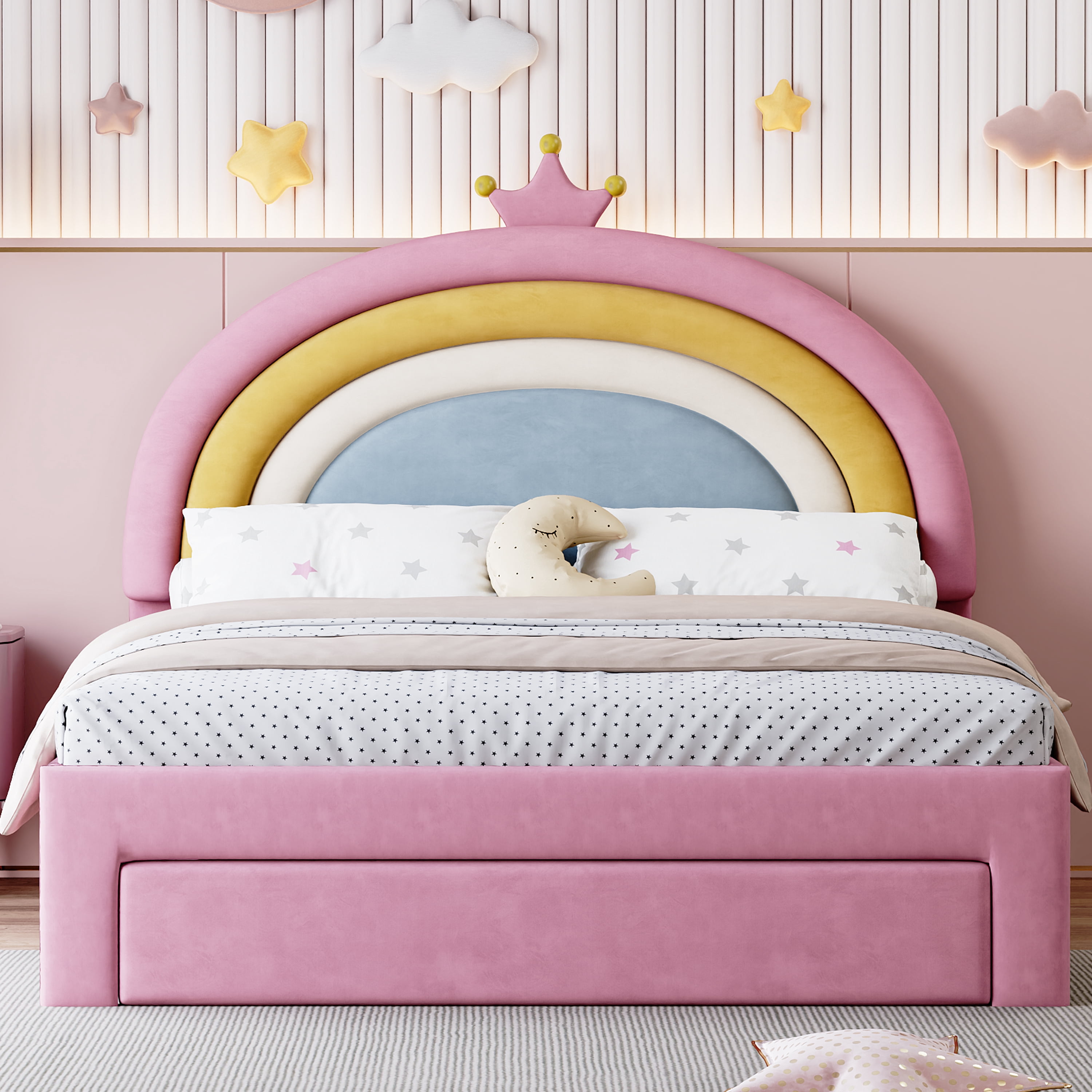 Euroco Upholstered Full Size Platform Bed with Drawer, PU Leather Princess Bed with Crown
