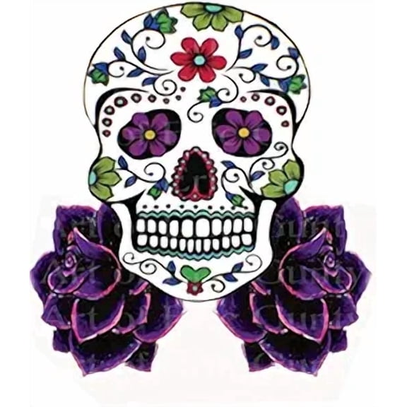Sugar Skull with Heart & Purple Roses Edible Icing Image Cake Topper, by Tnct.