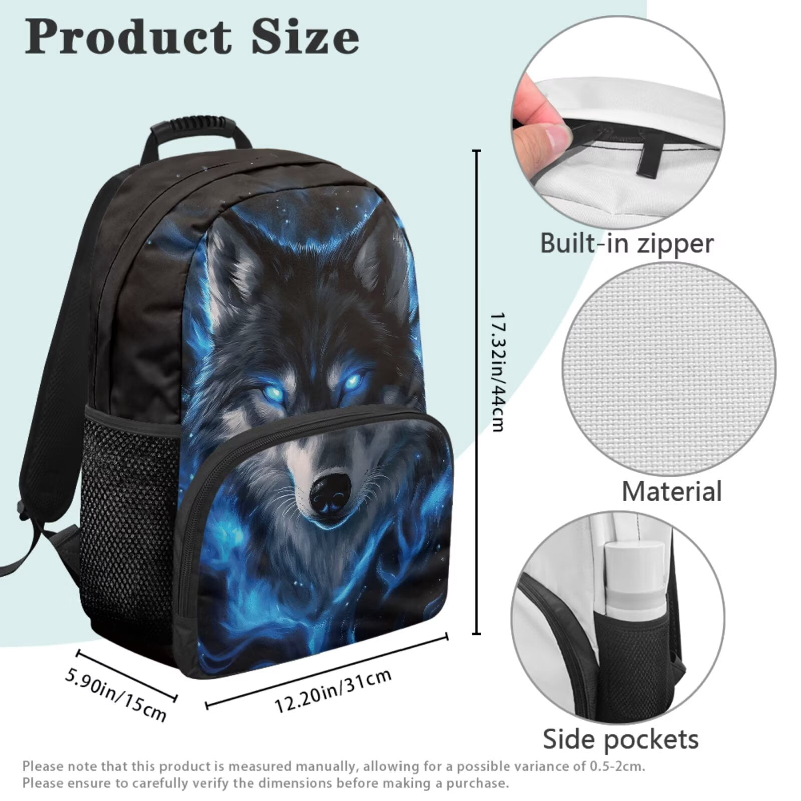 Pzuqiu Blue Fire Wolf School Backpacks for Teen Girls with Lunch Box Pencil Case 2pcs Bookmark Kawaii Rucksack Travel Schoolbag Sport Bookbag for Kids 8-12 Middle School