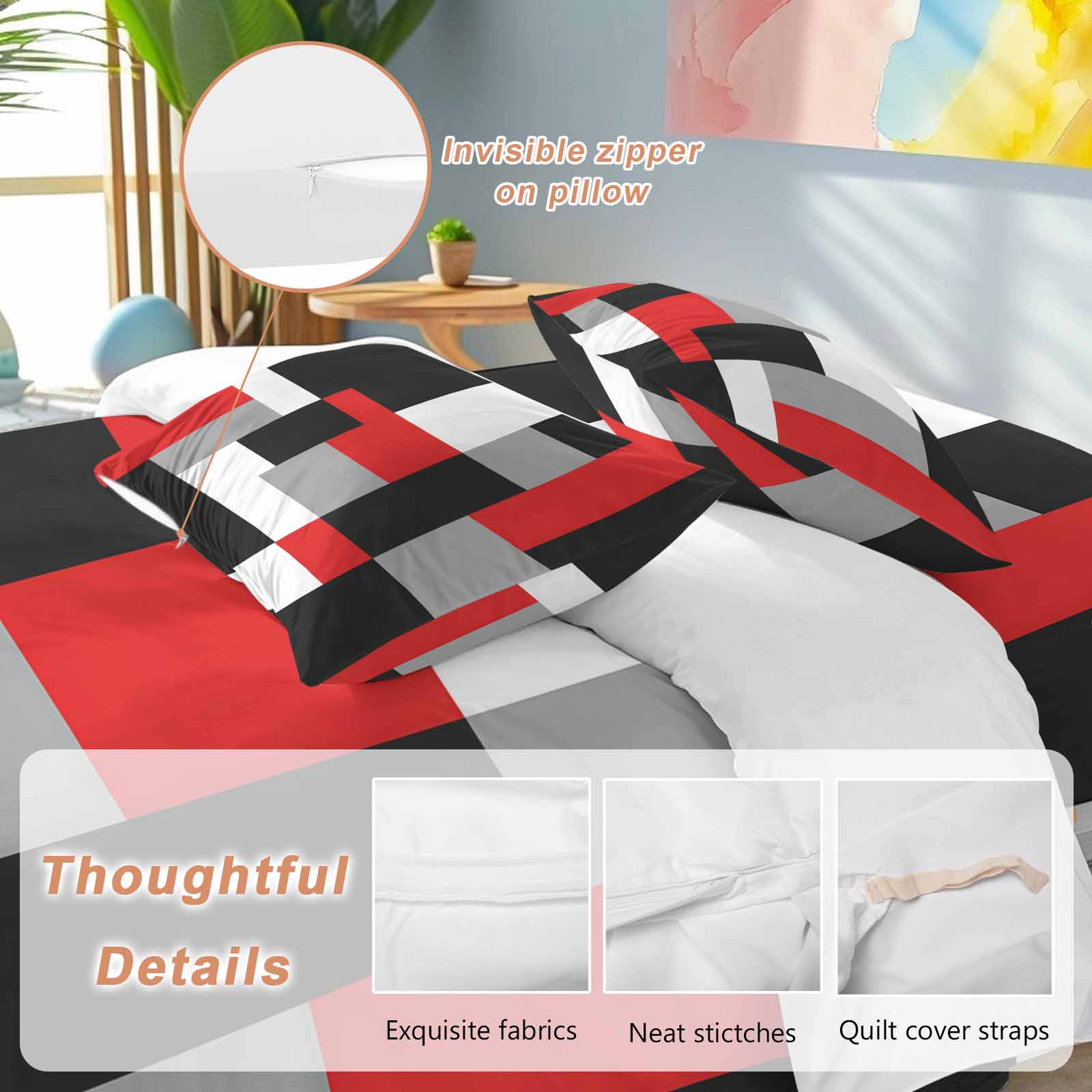 Red Black Grey Geometric Duvet Cover Set, Modern Abstract Art Luxury Soft Duvet Cover Queen Size Bedding Set 4 Pieces, 1 Quiltcover and 2 Pillowcases with Zipper, 1 Bed Sheet for All Seasons
