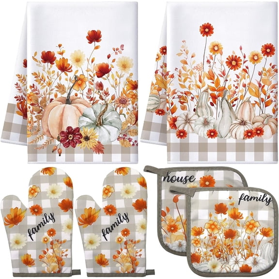 6 Pack Fall Thanksgiving Kitchen Set with 2 Flower Dish Towels, 2 Pumpkin Pot Holders and 2 Buffalo Oven Mitts for Gifting, Baking, and Cooking Accessories