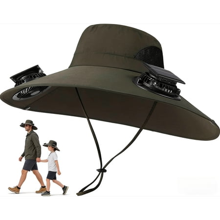 Solar Fan Hat for Men Women Wide Brim Sun Hat with Dual Fans Solar & USB Powered UPF Protection Breathable Mesh for Outdoor Fishing Hiking Gardening