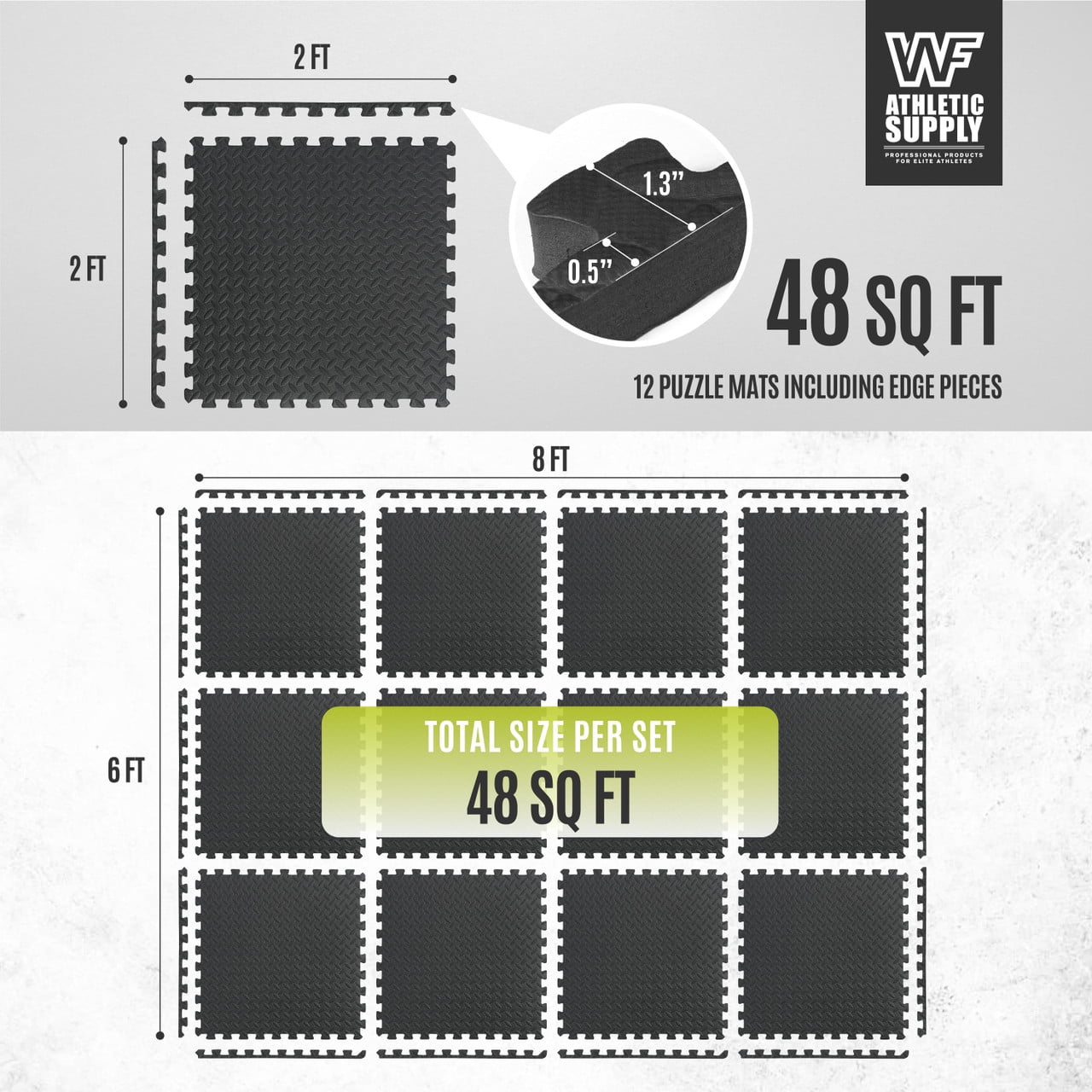 WF Athletic Supply 48 SQ.FT Diamond Pattern 1/2-Inch Thickness Interlocking Exercise Foam Mats, Extra Thick Eva Foam Flooring Tiles, Gym Fitness Equipment Mat, Home Protective Flooring Cushion, Black