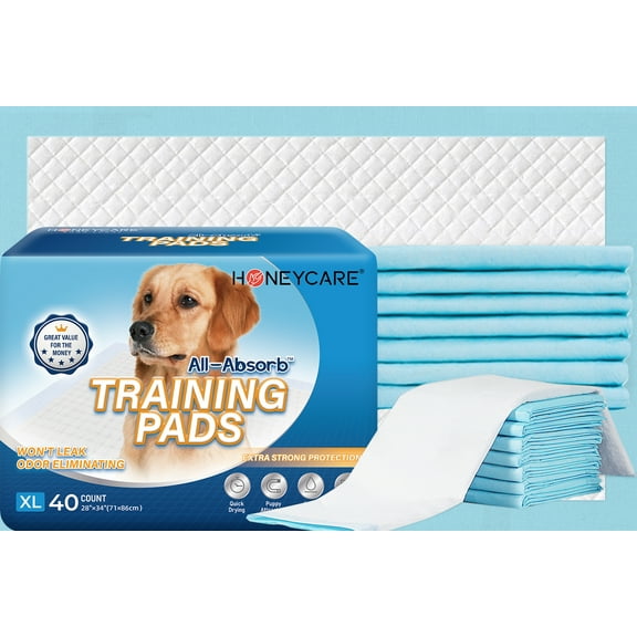Honey Care Extra Large Dog and Puppy Training Pads, Ultra Absorbent, Blue, 28" x 34", 40 Count