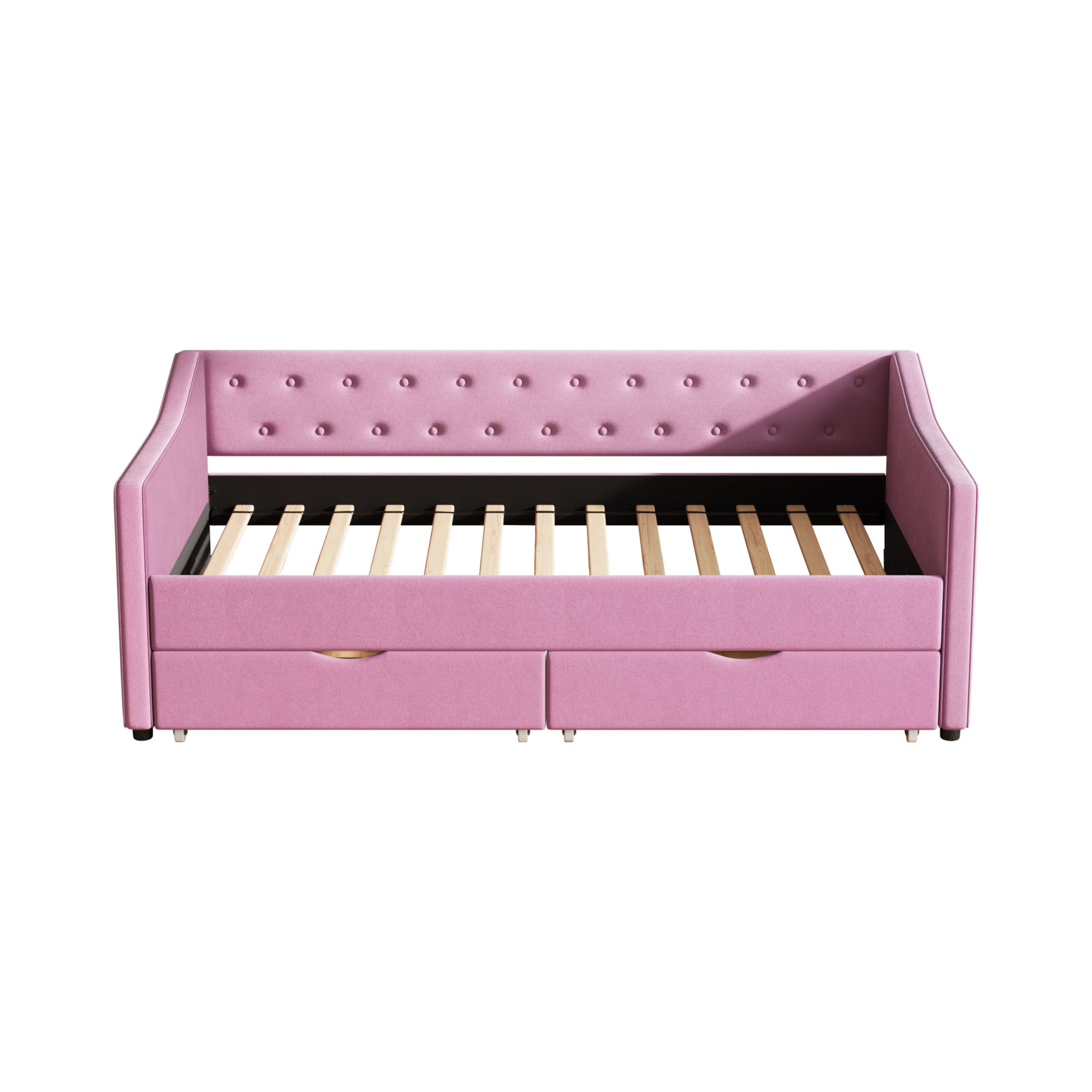 Noble House Mabel Twin Size Daybed with Drawers, Tufted Linen Sofa Bed, Waved Shape Arms, Storage Space, Pink