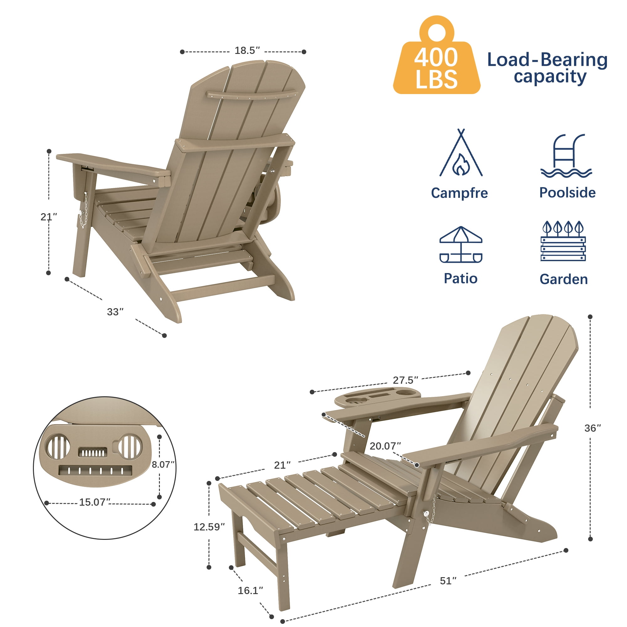 2PCS Folding Adirondack Chair with Ottoman, Adjustable Backrest Plastic HDPE Adirondack Chairs w/4 in 1 Cup Holder Tray, Brown