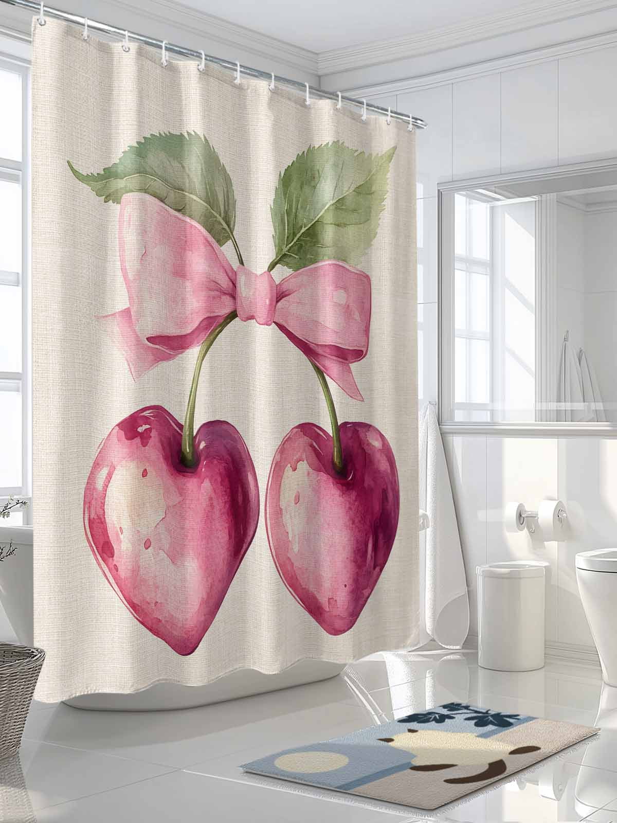 Cherry Fruit Extra Long Shower Curtain Set, Waterproof Shower Curtains for Bathroom, Spring Botanicals Bow Idyllic Country Leaf Washable Fabric Cloth Bath Curtain for Bathtub with Hooks 72x96 Inches