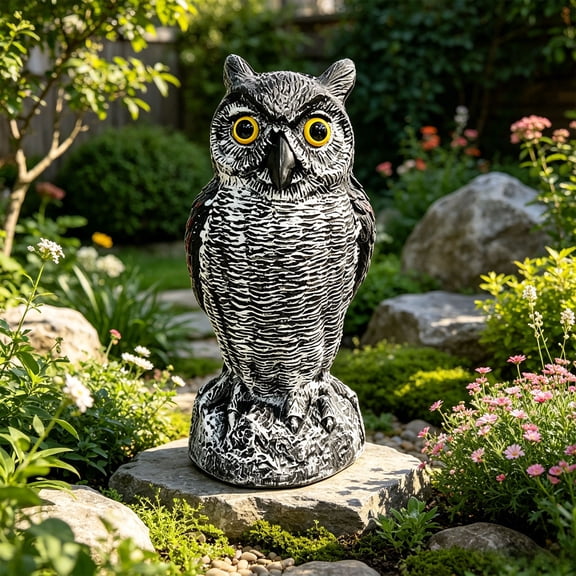 Owl Decoy Statue Realistic Owl Bird Deterrent Garden Decor Plastic Owl Sculpture Outdoor Yard Lawn Patio Ornament Animal Repellent Decoration Landscape Accent Gift