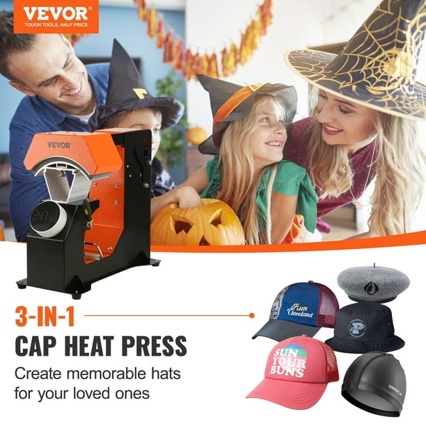 VEVOR Hat Heat Press, 3-in-1 Auto Cap Heat Press Machine, 6.4x3.5in  Clamshell Sublimation Transfer, Automatic Release&Press Knob-Style Digital  Control