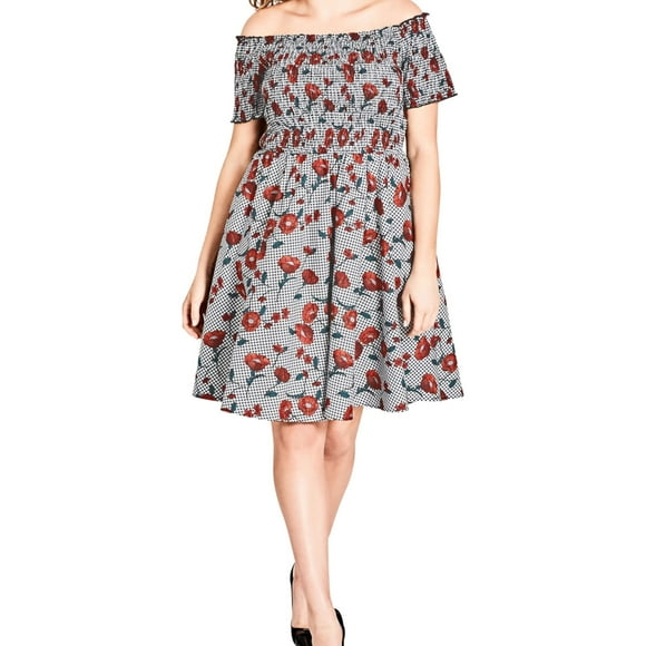 City Chic Womens Smocked Floral Off-Shoulder Dress, Black, Plus Size, L/20W