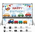 thumbnail image 2 of Transportation Birthday Backdrop Cartoon Cars Train Boy Birthday Party Photography Background for Kids Boys Birthday Decorations Portraits Banner Photo Studio Props, 2 of 10