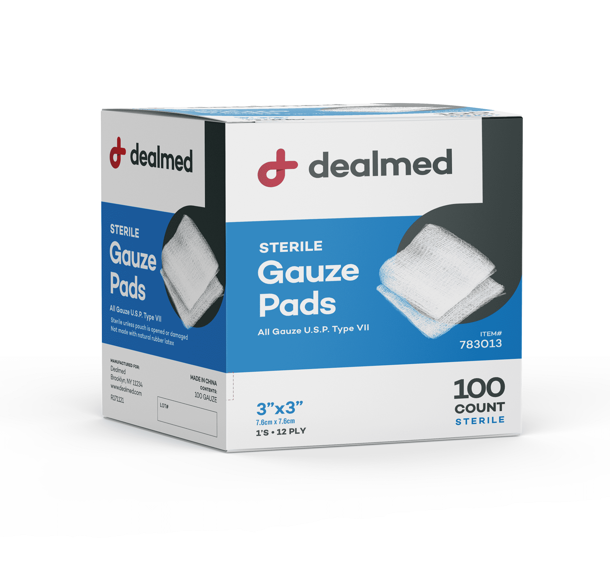 Dealmed 3’’ x 3’’ Sterile Gauze Pads, 12-Ply, Individually Wrapped, Wound Care Product for First Aid Kits, Medical Facilities 100/Box (Pack of 24)