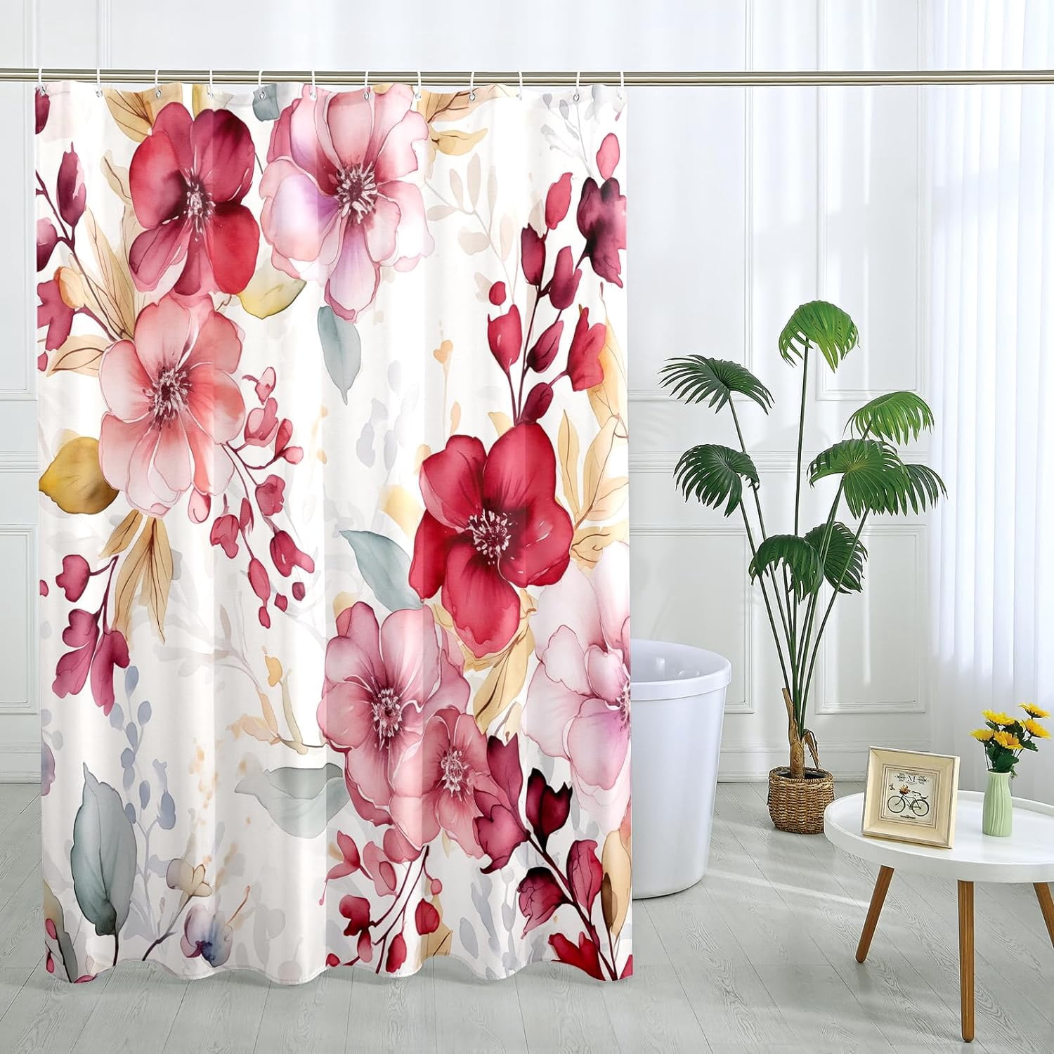Pink Floral Shower Curtain Spring Watercolor Flower Shower Curtain Plant Bathroom Decor Polyester Fabric-72" x 78"