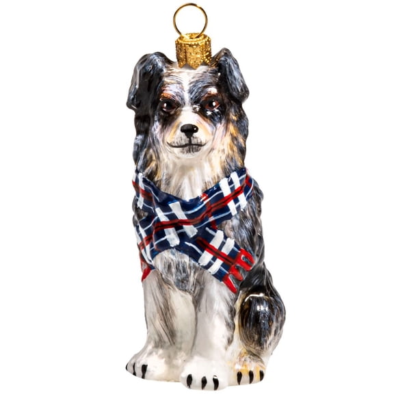 Joy to the World Australian Shepherd with Scarf Polish Glass Tree Ornament