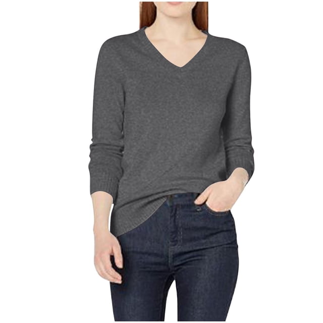 Ailaofu Women's V Neck Long Sleeve Solid Classic Knit Pullover Sweater Tops