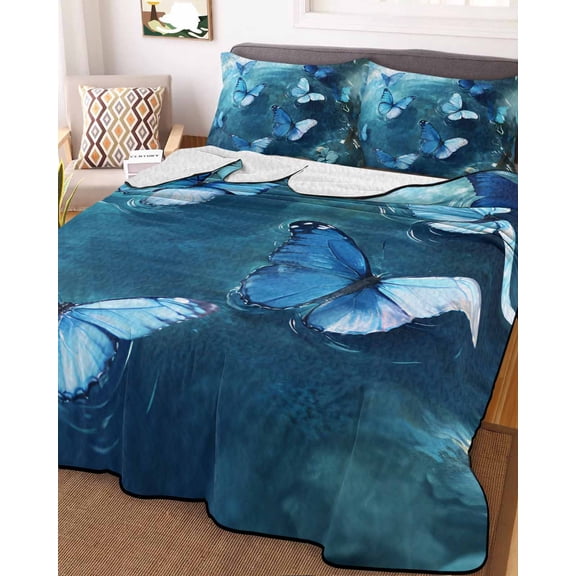 Blue Butterfly Queen Size Down Alternative Comforter, Lightweight Comforter Quilt Bedding Set with Pillow Shams Modern Elegant Water Ripples All Seasons Bed Comforter Duvet Insert 90"x96"