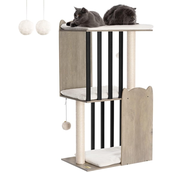 43.8in 3-Tier Modern Tree Tower Condo, Scratch Posts for Indoor Cats, Big Plate, Two 19.7in Full Sisal Posts, Greige