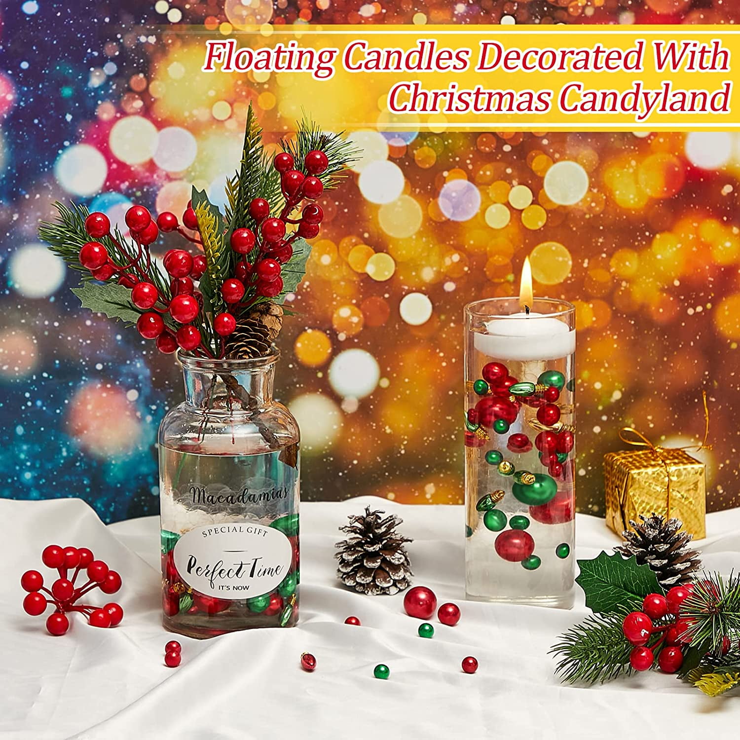 121 pcs Christmas Vase Filler water beads floating candles for centerpieces  christmas decorations for vases Include Vase Christmas Filler Faux Pearls
