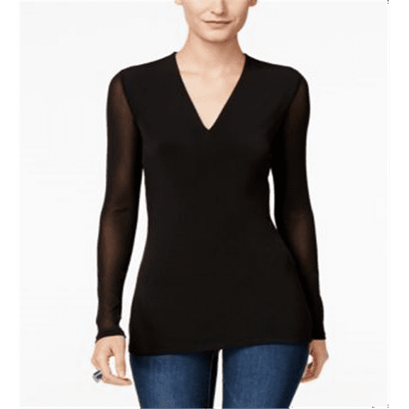 INC International Concepts Women's Illusion Sleeve V Neck Blouse Black Size Petite