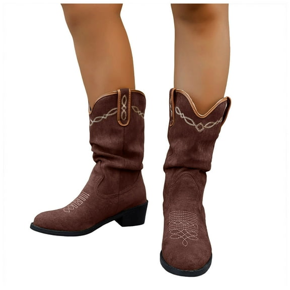 Slouchy Cowboy Boots for Women Suede Chunky Mid Heel Embroidered Mid Calf Cowgirl Booties Slip on Shoes