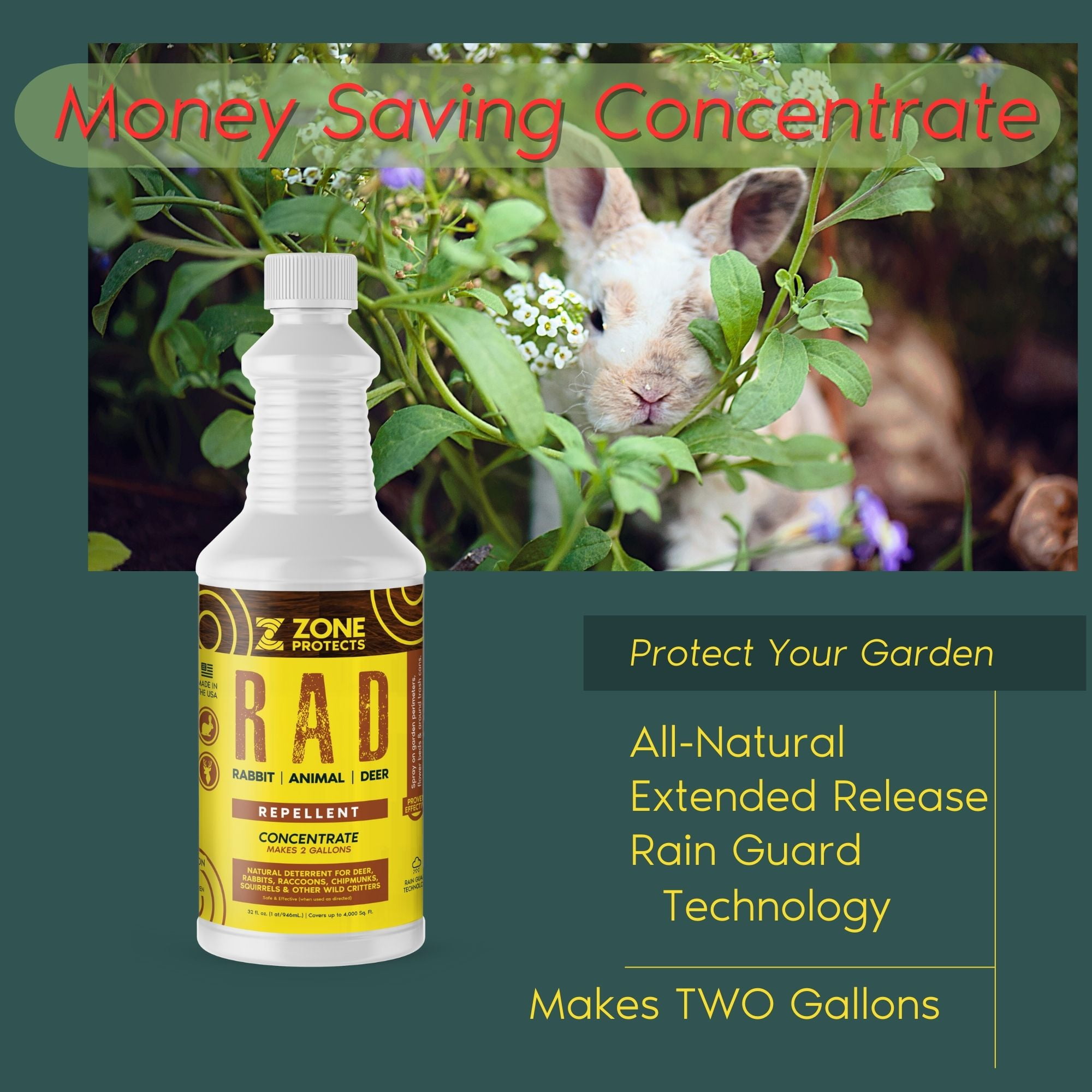 R.A.D. - Rabbit, Animal, Deer Repellent Concentrate, 32oz; All-Natural Money Saving; Makes Two Gallons.  Keeps Critters Out of Gardens, Lawns and Flower Beds
