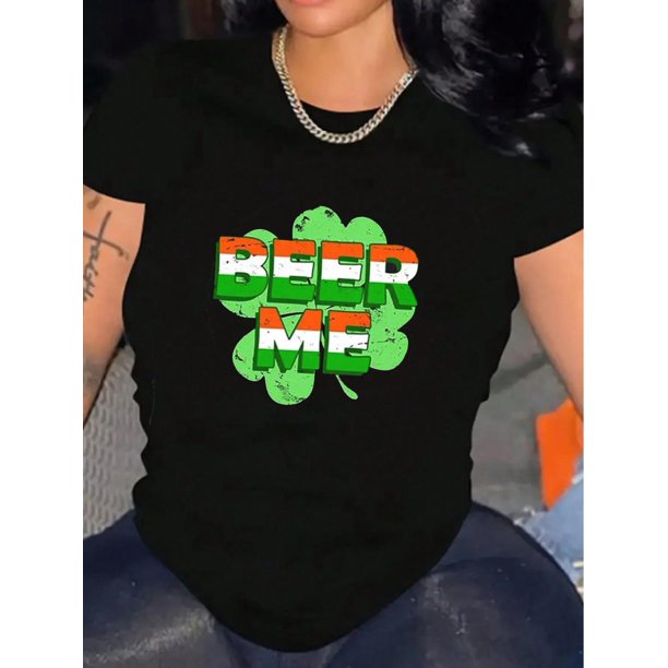 Camiseta De Mujer Activewear Tops Simples De Verano Para Viajes De MochileroWomen's Trendy St. Patrick's Day Irish Flag Clover Graphic Print Tee Casual Short Sleeve Shirt, BreaCamisetas de verano pa