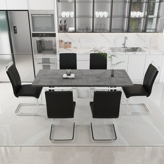 Expandable 55-70" Modern Dining Table Set for 4-6, Grey MDF Kitchen Table with 6 Black Faux Leather Armless Chairs, Metal Legs, Ideal for Dining Room, Kitchen, Home Parties