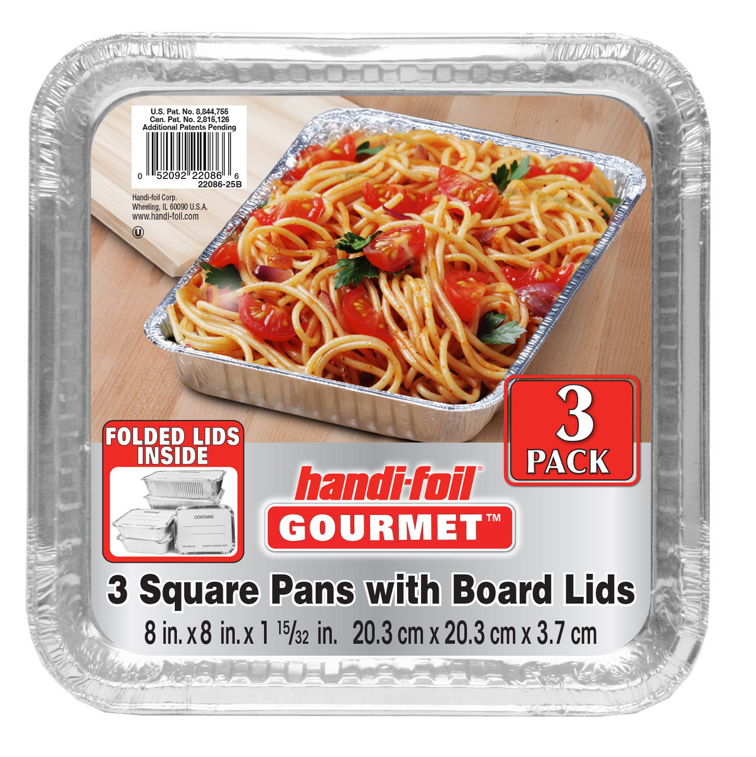 Handi-Foil Square 8" Aluminum Meal Prep Pans with Folded Lids, 3 Count