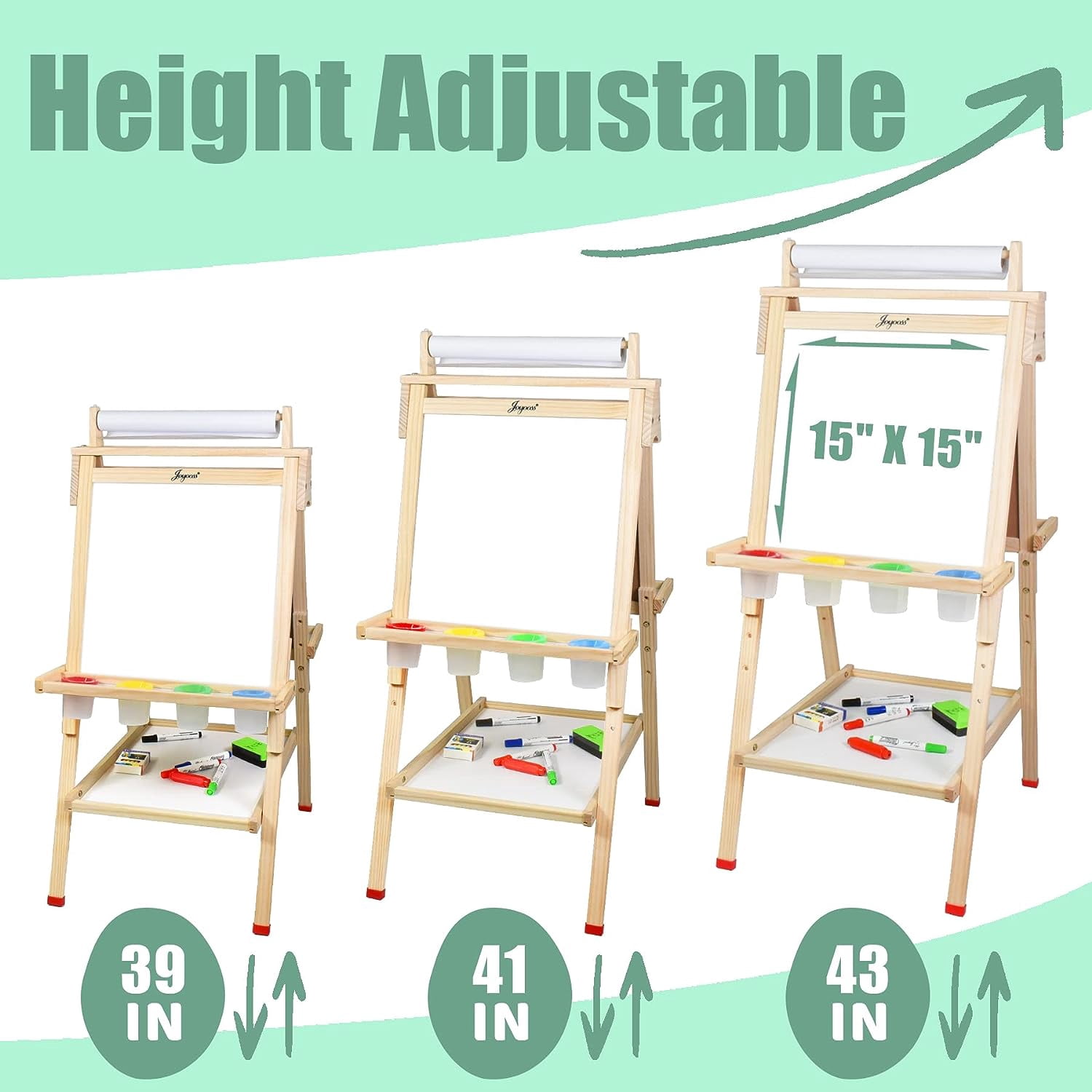 Joyooss Art Easel for Kids with Double-Sided Magnetic, Wooden Standing Kids Easel with Dry Erase Whiteboard & Chalkboard,Height Adjustable Children Easel with Paper Roll