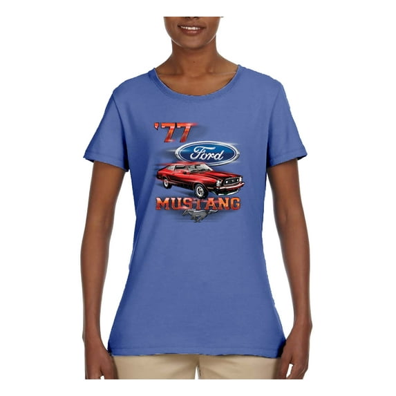 Wild Bobby, 1977 Ford Motors 77 Mustang Silhouette, Cars and Trucks, Women Graphic Tee, Light Blue, X-Large