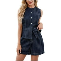 Denim Shorts Set for Women Travel Outfits 2 Piece Sets Striped Sleeveless Top Casual Wide Leg Shorts Work Business Clothes Sets