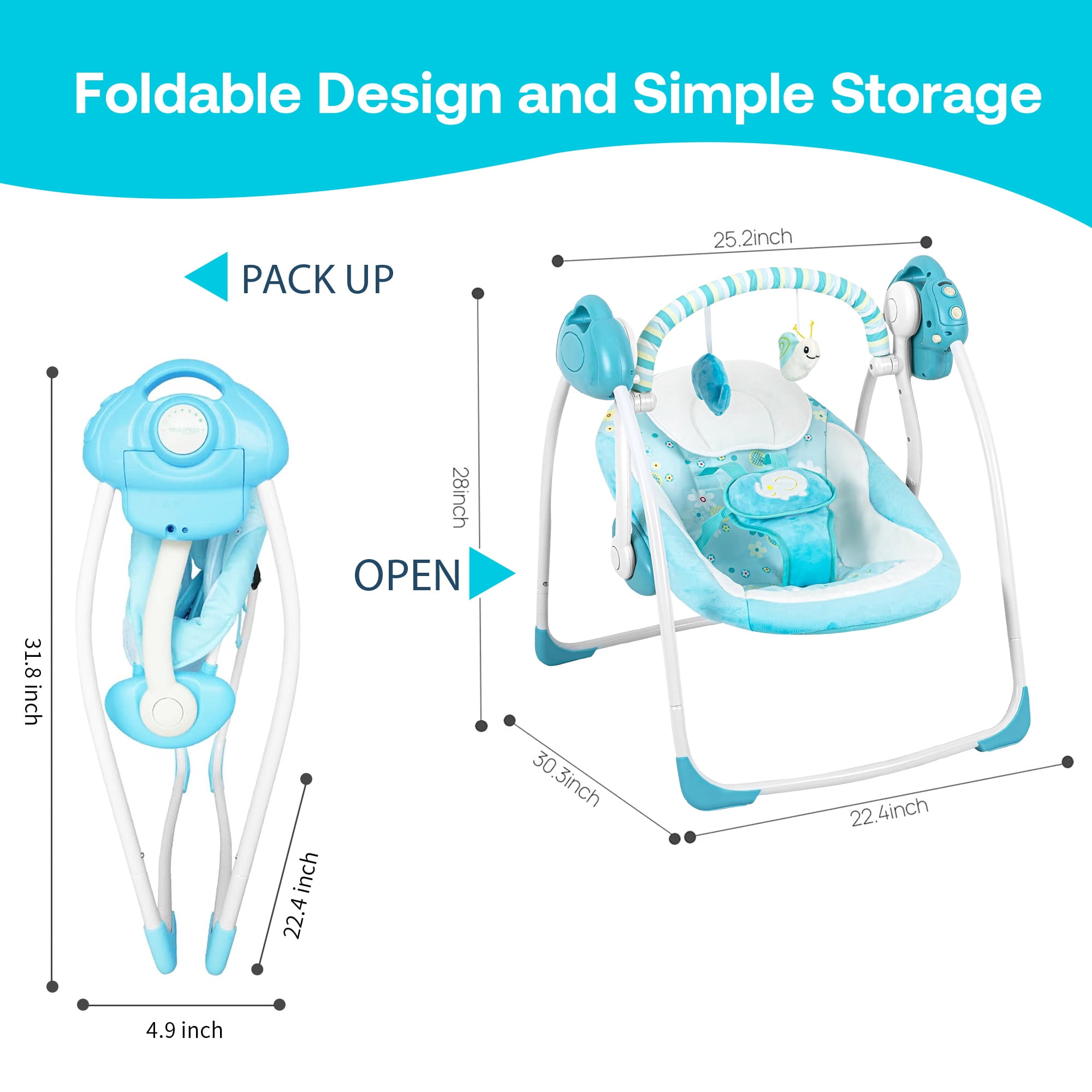 Yadala Baby Swing, Foldable Baby Swing for Infants with Adaptable Speeds, Music, 0-9 Months, Blue
