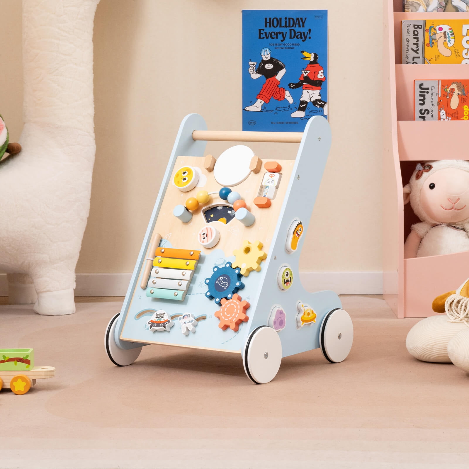 Infans Wooden Baby Walker Push and Pull Learning Activity Center with Wheels Push Toy