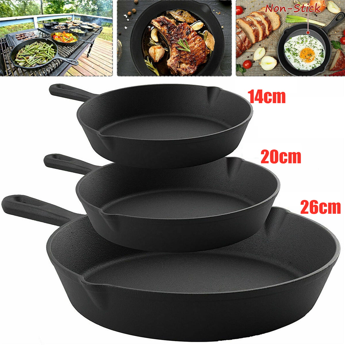 SET OF 3 CAST IRON SKILLET FRYING PAN COOKING FRYER POT GRILL FRY NON STICK BBQ