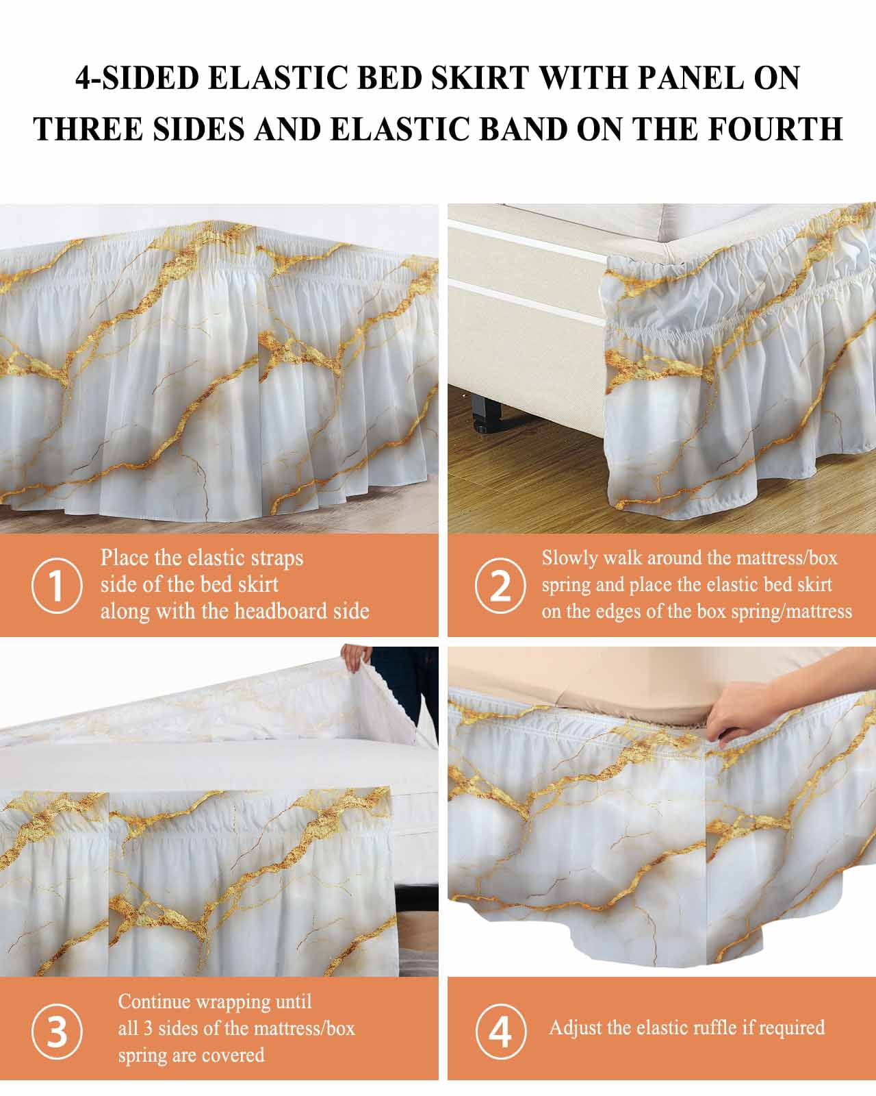 Marble Grey Bed Skirt Queen Size, Gold Texture Modern Crack Scenery Wrap Around Bed Skirting with Adjustable Elastic Strap, Dust Ruffle Pleated Bedskirts 16 Inch Drop for Bedroom Queen Beds