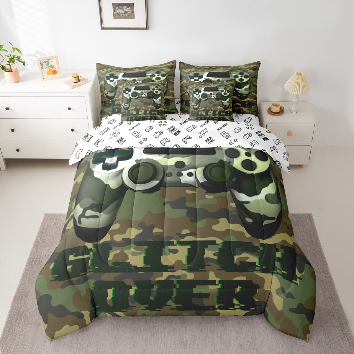 Camo Gaming Bed in a Bag Queen Comforter Set 7 Piece,Gamer Room