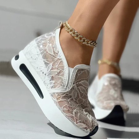 

LBS Ladies Fashion Breathable Lace Mesh Sequin Decoration Thick Sole Comfortable Casual Shoes