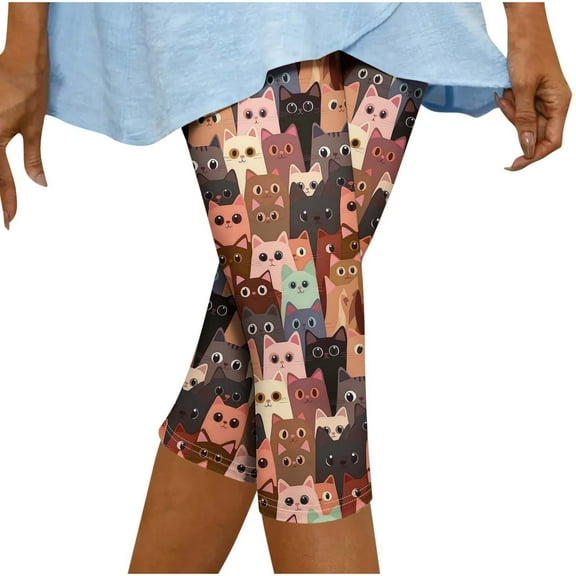 Hvot&aat Cute Cartoon Cats Print Leggings for Women Athletic Gym Yoga Capri Legging Soft High Waisted Knee Length Legging