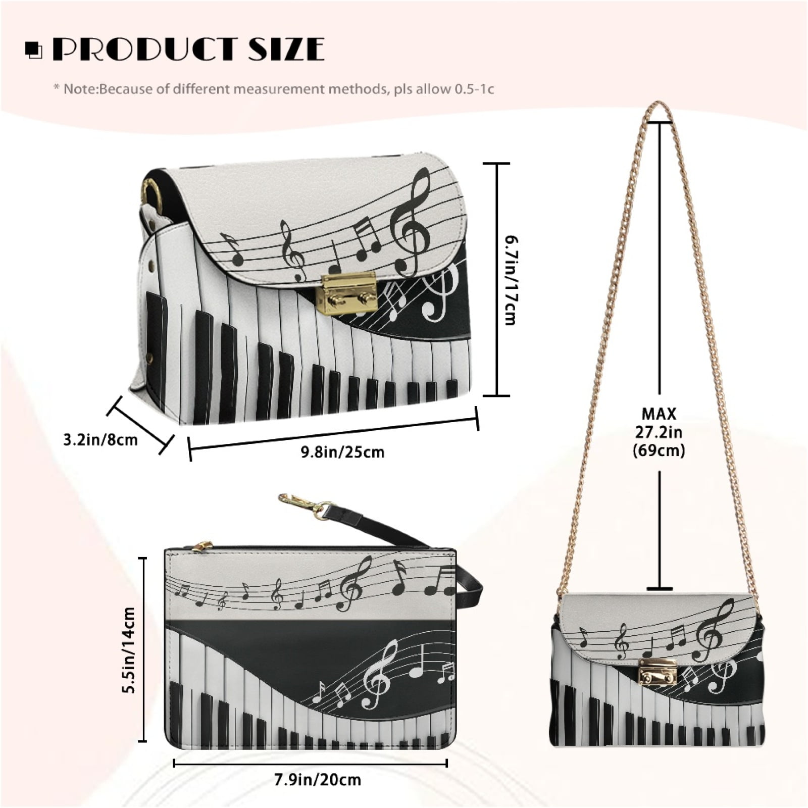 SCRAWLGOD Piano Musical Notes Print Black White Crossbody Bags for Women Leather Small Cross Body Purse Lightweight Shoulder Bag Handbags with Small Shoulder Purses
