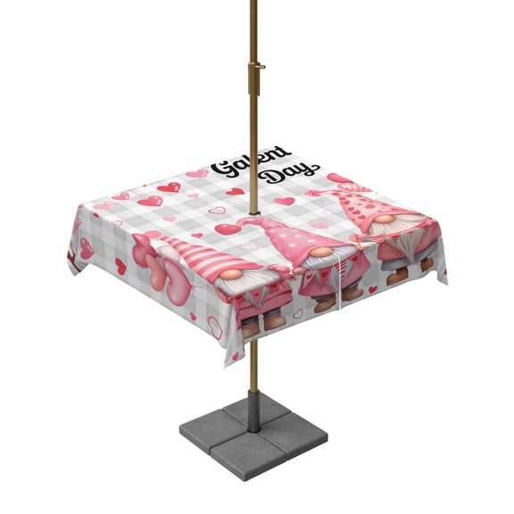 Outdoor Tablecloth with Umbrella Hole for Patio/Picnic/Party/Camping, Galentine's Day Waterproof Table Cloth Square Cover Washable, Pink Gnomes Love Heart Grey Plaid (54"x 54")