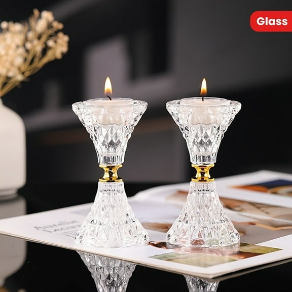 2pc, Glass Candle Holders With Metal Base, Elegant Taper Candlestick Holders For Table Centerpiece, Modern Decorative Home Dining Decor