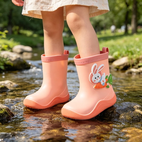 HAYIMI Kids Rainboots Waterproof Round Toe Rain Boots For Girls Cartoon Bunny Pattern Outdoor Shoes With Sole For Everyday Play Stylish Footwear